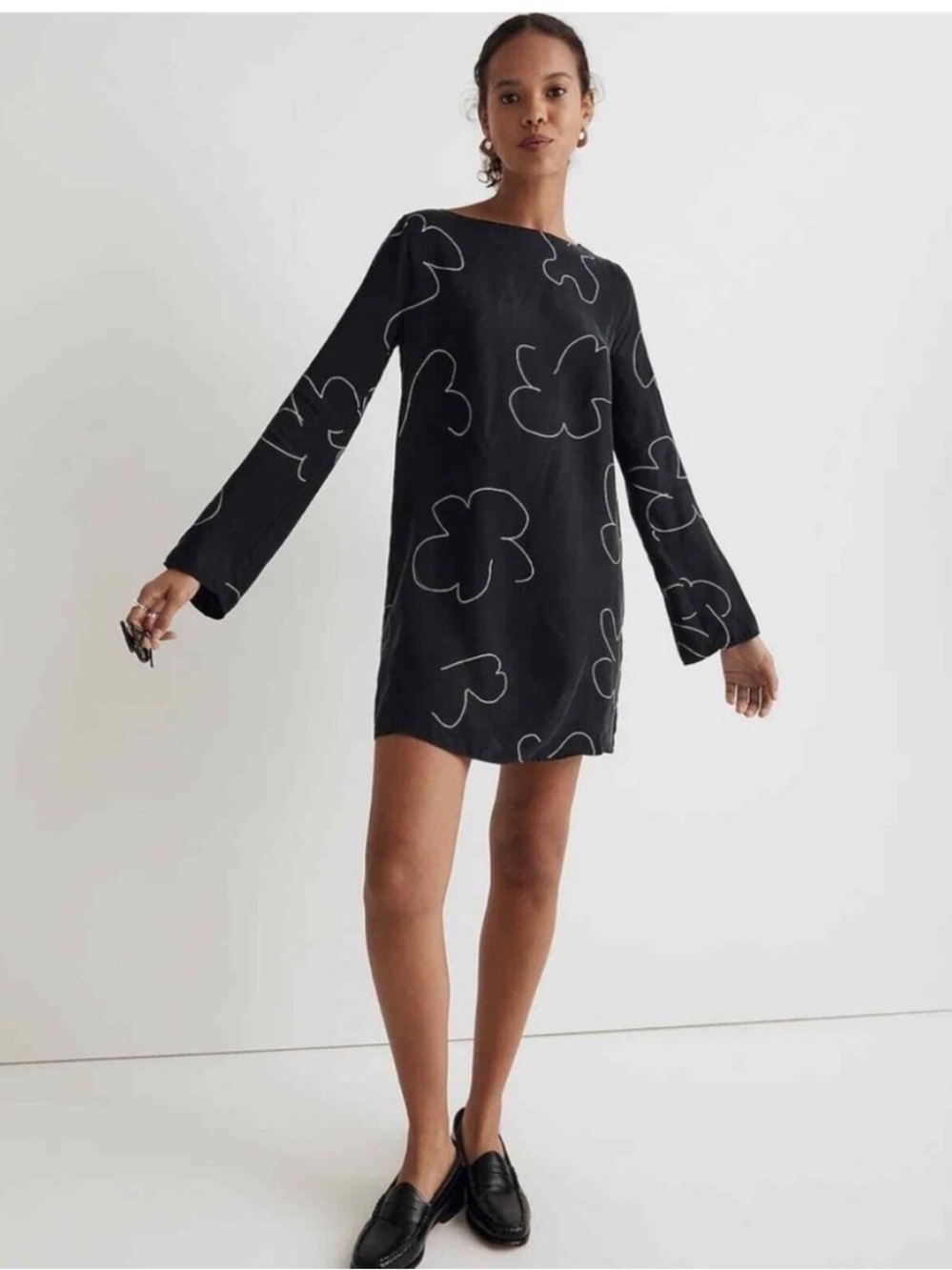 Madewell Erika Cupro Shift Dress Black Floral Mini Long Sleeve NWT Size Small - Picture 1 of 7
